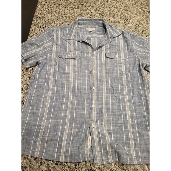 Free Assembly Shirt Mens L Blue White Striped Short Sleeve Button Up Cotton - Picture 1 of 6